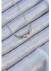  Zincir Gümüş  Kanatlı Pembe Zirkon Taşlı Kalp Çelik Kolye