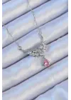  Zincir Gümüş  Kanatlı Zirkon Taş Figür Pembe Taşlı Damla Çelik Kolye