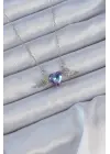  Zincir Gümüş  Mavi Mor Zirkon Taşlı Kanatlı Kalp Çelik Kolye