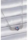  Zincir Gümüş  Mor Zirkon Taşlı Kanatlı Kalp Model  Çelik Kolye