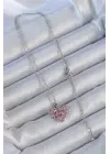  Zincir Gümüş  Pembe Parçalı Zirkon Taşlı Kalp Çelik Kolye