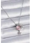  Zincir Gümüş  Pembe Sedefli Gezegen Model Zirkon Taşlı Ay Yıldız Model  Çelik Kolye