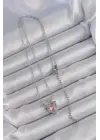  Zincir Gümüş  Pembe Zirkon Taşlı Fiyonklu Kalp Çelik Kolye