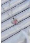  Zincir Gümüş  Pembe Zirkon Taşlı Kalp Çelik Kolye