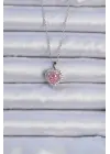  Zincir Gümüş  Pembe Zirkon Taşlı Kalp Çelik Kolye