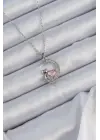  Zincir Gümüş  Pembe Zirkon Taşlı Kedili Ay Çelik Kolye