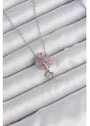  Zincir Gümüş  Pembe Zirkon Taşlı Uçan Ev Çelik Kolye