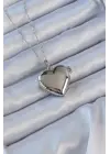  Zincir Gümüş  li Zirkon Taşlı İçi Açılan Bombeli Kalp Çelik Kolye