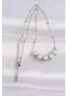  Zincir Gümüş  Sıralı İnci Taşlı Çelik Kolye