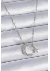  Zincir Gümüş  Zirkon Taşlı Ay Yıldız Model  Çelik Kolye