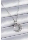  Zincir Gümüş  Zirkon Taşlı Hilal Model  Çelik Kolye
