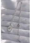  Zincir Gümüş  Zirkon Taşlı Kabartmalı Kutup Yıldızı Çelik Kolye