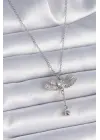  Zincir Gümüş  Zirkon Taşlı Kanat Model Sallantı Detay  Çelik Kolye