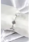 316L Çelik Zincir Gümüş Renk Zirkon Taşlı Yonca Beyaz Kadın Bileklik