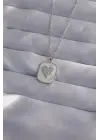  Zincir Mermer Desenli Gümüş  Zirkon Taşlı Kalp Model Çelik Kolye
