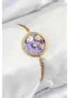 316L Çelik Zincir Mor Mineli Sanatsal Portre İnci Detaylı Çiçek Model Gold Renk Kadın Bileklik