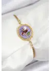 316L Çelik Zincir Mor Mineli Sanatsal Portre İnci Detaylı Lale Model Gold Renk Kadın Bileklik