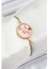316L Çelik Zincir Pembe Mineli Sanatsal Portre İnci Detaylı Çiçek Model Gold Renk Kadın Bileklik