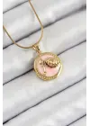 316L Çelik Zincir Pembe Mineli Sanatsal Portre İstiridye Model Gold Renk Kadın Kolye