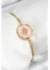 316L Çelik Zincir Pembe Mineli Sanatsal Portre Kuzey Yıldızı Model Gold Renk Kadın Bileklik