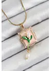 316L Çelik Zincir Pembe Sanatsal Portre Sallantılı İnci Detaylı Lale Model Gold Renk Kadın Kolye