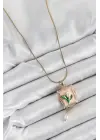 316L Çelik Zincir Pembe Sanatsal Portre Sallantılı İnci Detaylı Lale Model Gold Renk Kadın Kolye