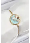 316L Çelik Zincir Turkuaz Mineli Sanatsal Portre İnci Detaylı Çiçek Model Gold Renk Kadın Bileklik