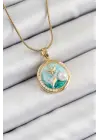 316L Çelik Zincir Turkuaz Mineli Sanatsal Portre İnci Detaylı Deniz Yılıdızı Model Gold Renk Kadın Kolye