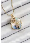 316L Çelik Zincir Zirkon Taşlı Mavi Beyaz Sanatsal Portre İnci Detaylı Ağaç Ve Kelebek Figürlü Model Gold Renk Kadın Kolye
