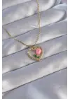  Zincirli Altın  Zirkon Taşlı Kalp İçinde Pembe Gül Tasarımlı Çelik Kolye
