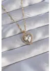  Zincirli Altın  Zirkon Taşlı Kalp Çelik Kolye