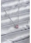  Zincirli Gümüş  Pembe Zirkon Taşlı Charm  Çelik Kolye