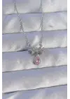  Zincirli Gümüş  Pembe Zirkon Taşlı Damla Detay Fiyonk Model Çelik Kolye
