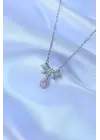  Zincirli Gümüş  Pembe Zirkon Taşlı Damla Detay Fiyonk Model Çelik Kolye