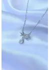  Zincirli Gümüş  Zirkon Taşlı Damla Detay Fiyonk Model Çelik Kolye