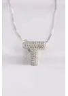  Zincirli Zirkon Taşlı T Harfli Silver  Bubble Çelik Kolye