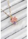 316L Çelik Zirkon Taşlı Arı Detaylı Pembe Çiçek Model Gold Renk Kadın Kolye