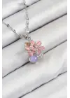 316L Çelik Zirkon Taşlı Arı Detaylı Pembe Çiçek Model Gümüş Renk Kadın Kolye