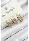 316L Çelik Zirkon Taşlı Dikdörtgen Model Gold Renk 3lü Set Kadın Küpe