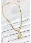 316L Çelik Zirkon Taşlı Güneş Model Gold Renk Kadın Kolye