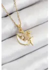 316L Çelik Zirkon Taşlı Hilal Melek Model Gold Renk Kadın Kolye