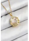 316L Çelik Zirkon Taşlı İnci Detaylı Halka Model Gold Renk Kadın Kolye