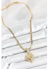 316L Çelik Zirkon Taşlı Kalp Model Gold Renk Kadın Kolye