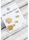 316L Çelik Zirkon Taşlı Kar Tanesi Model Gold Renk Kadın Set Küpe