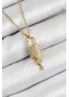 316L Çelik Zirkon Taşlı Kilit Ve Sallantılı Anahtar Model Gold Renk Kadın Kolye