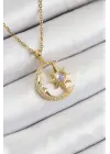 316L Çelik Zirkon Taşlı Kutup Yıldızlı Hilal Model Gold Renk Kadın Kolye