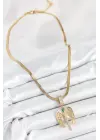 316L Çelik Zirkon Taşlı Melek Model Gold Renk Kadın Kolye