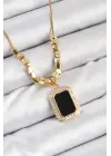 316L Çelik Zirkon Taşlı Siyah Baget Model Gold Renk Kadın Kolye
