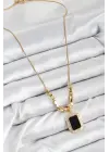 316L Çelik Zirkon Taşlı Siyah Baget Model Gold Renk Kadın Kolye