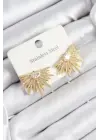 316L Çelik Zirkon Taşlı Yelpaze Model Gold Renk Kadın Küpe